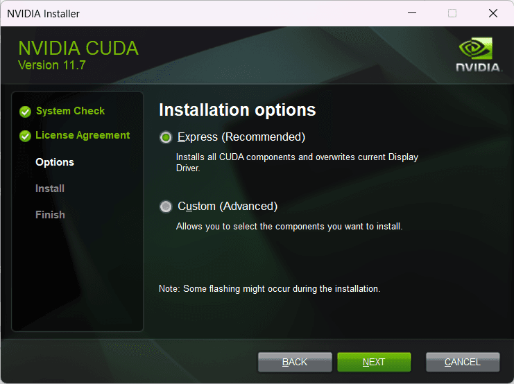 CUDA Installation type express