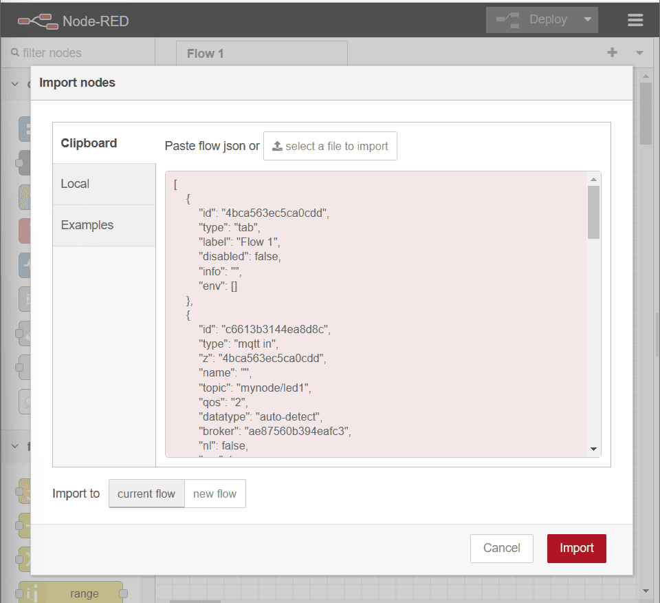 Nodered import json dialog