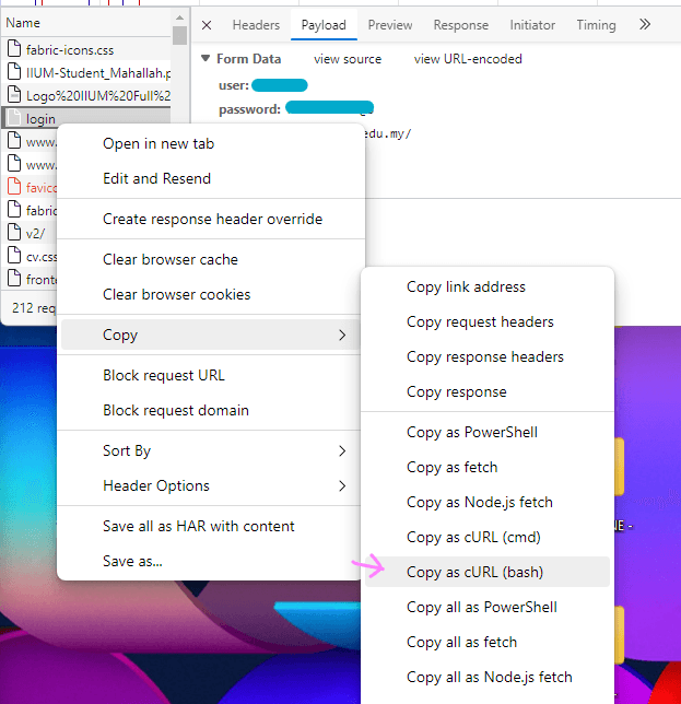 Network copy as cURL (Bash)