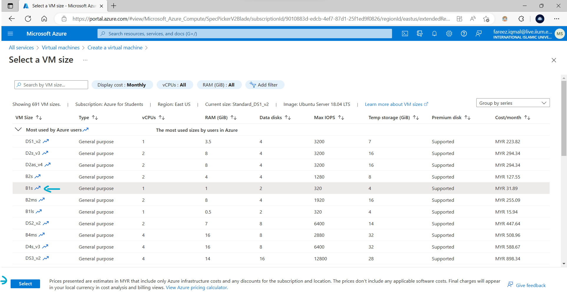 Azure VM Sizes and pricing